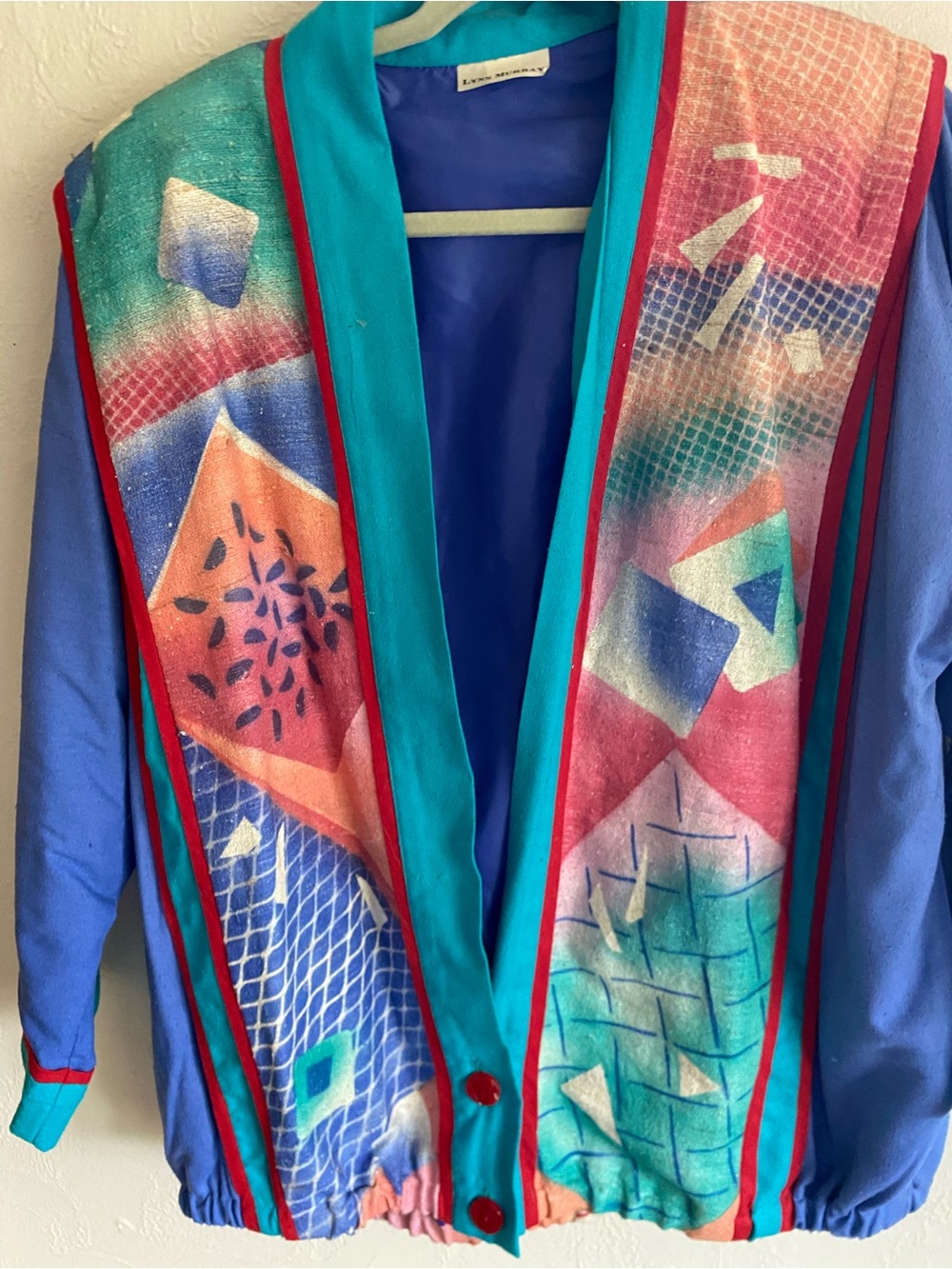 Vintage Vivid Geo-Print Women's Art Jacket by Lynn Murray- Blue/Teal/Pink